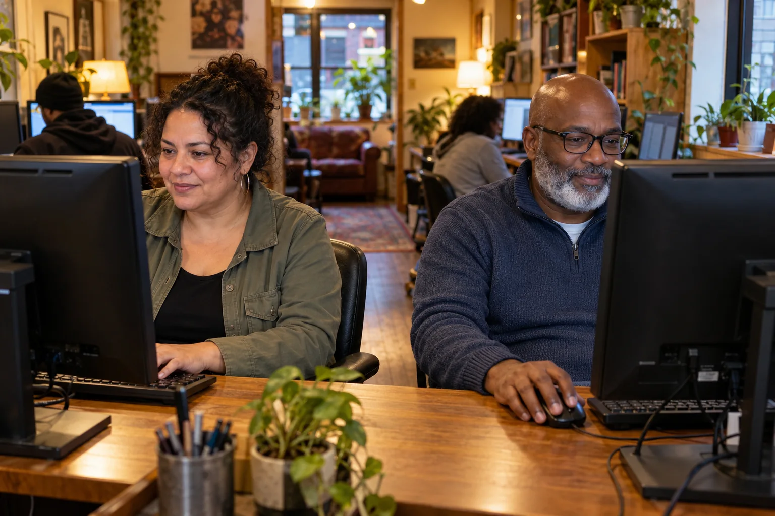 Dos personas sentadas una al lado de la otra usando computadoras en un cibercafé
