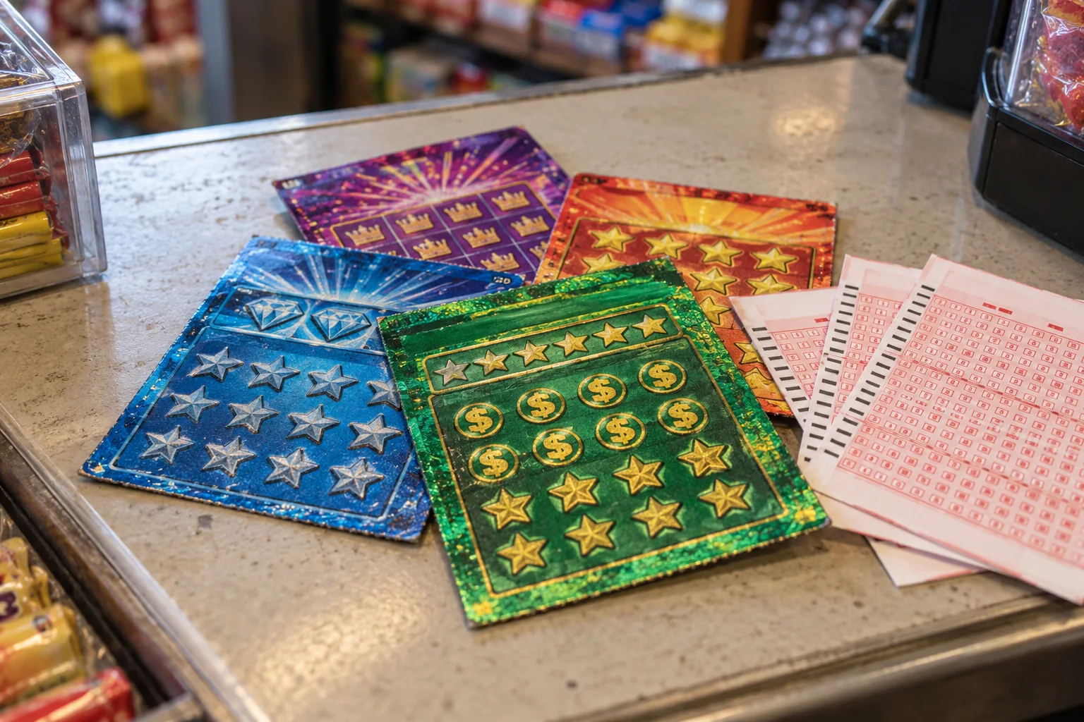 Boletos de lotería y raspaditos sobre un mostrador