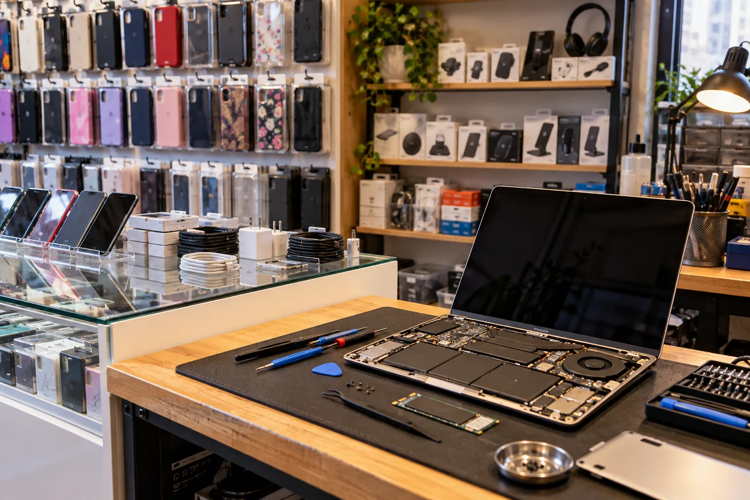 Computadora en reparación y accesorios para celulares en una tienda